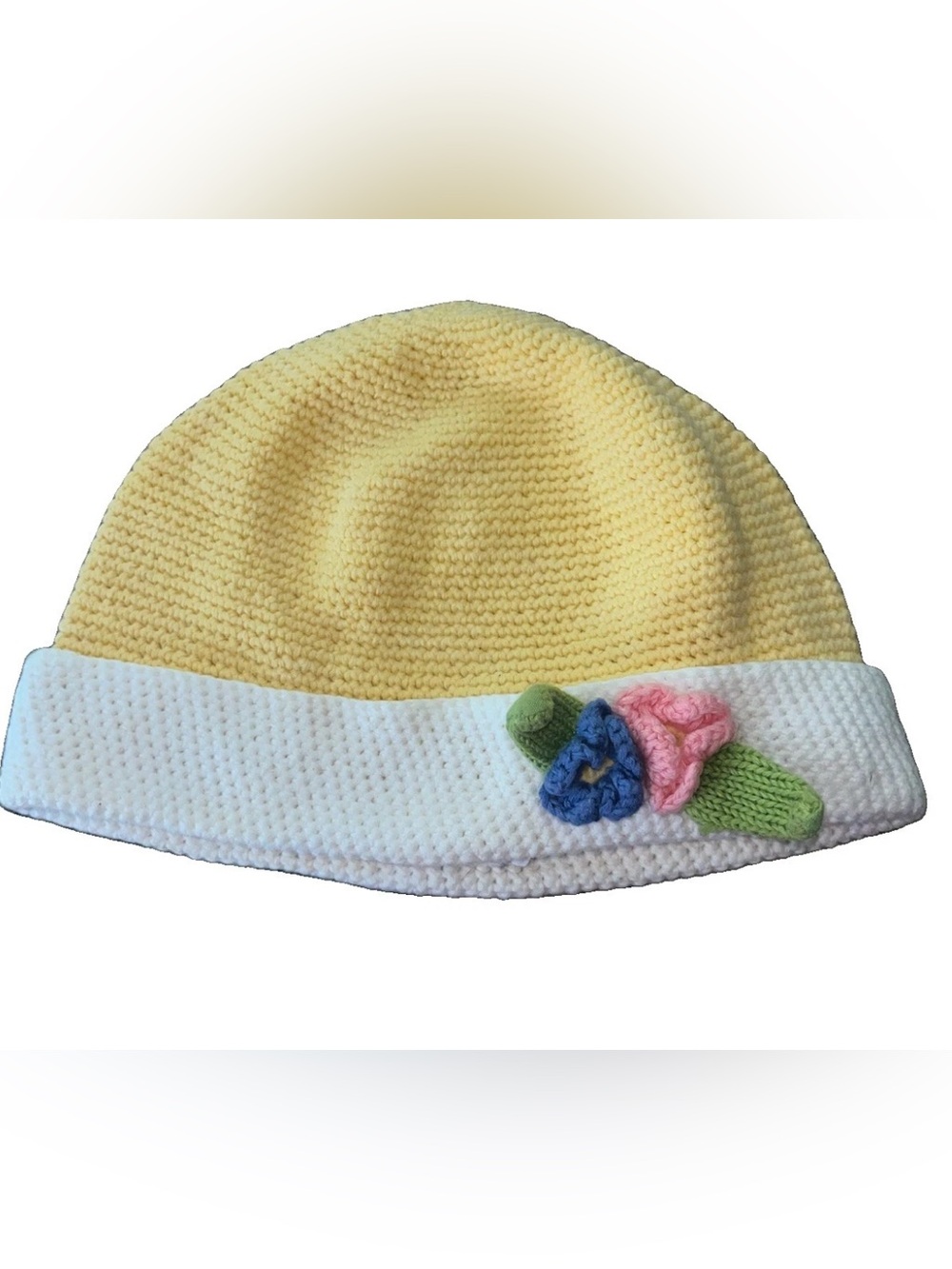 Vintage Gymboree Rainbow Tag Yellow Knitted Hat With Flowers Rare HTF Size 2-3